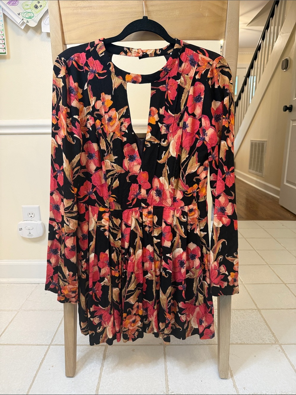 Free People Tegan Black Floral Keyhole Long-Sleeve dress